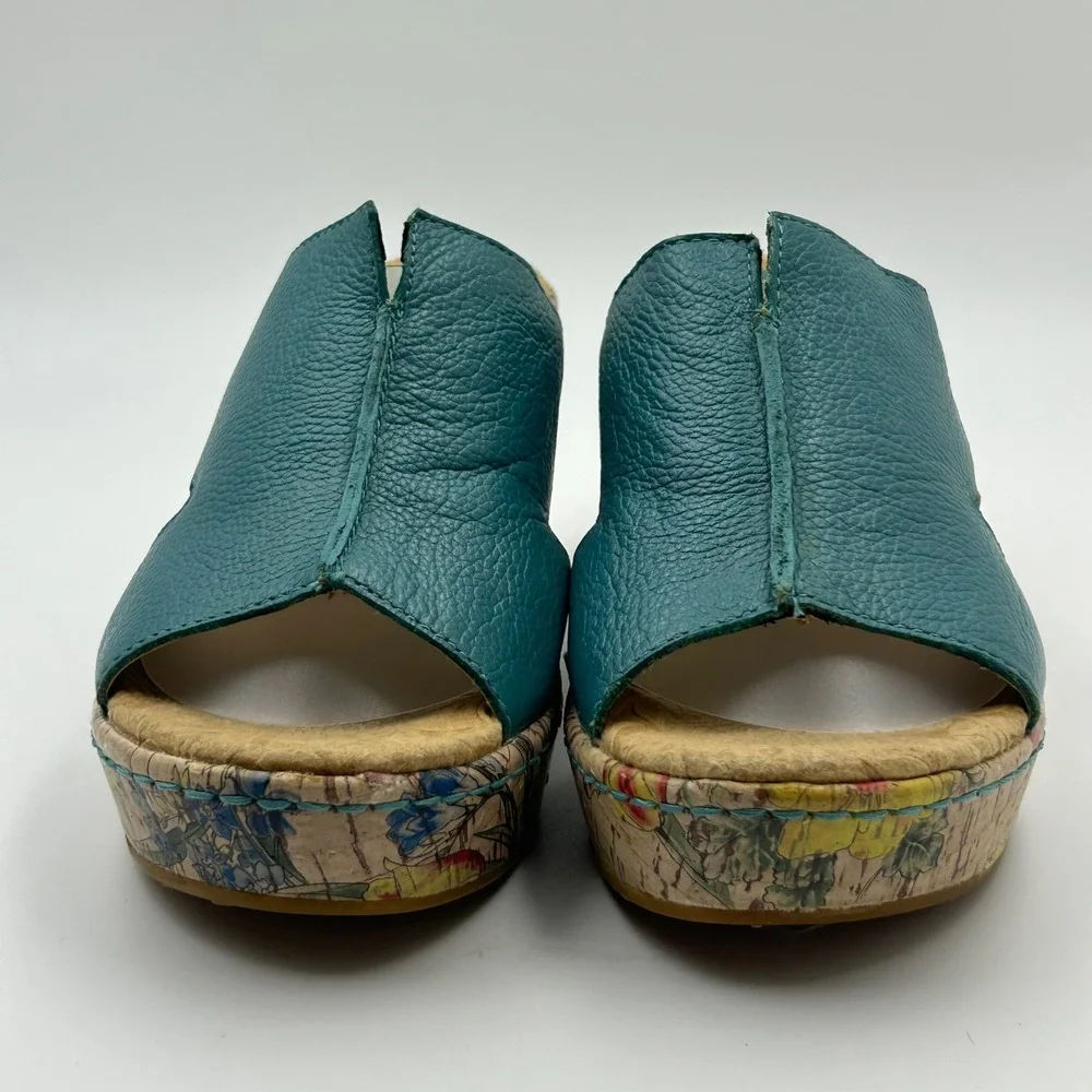 b.o.c. Wedge Sandals Womens 9 Teal Floral Cork Platform Mules C42613 Boho Summer